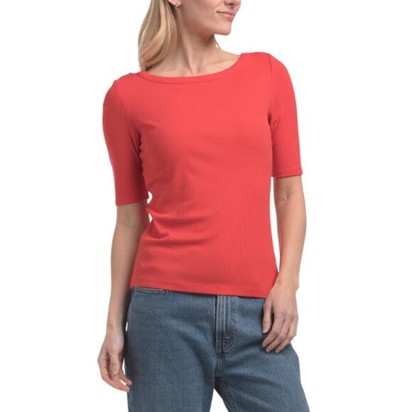 TAHARI Handbags - TAHARI Tomato Elbow Sleeve Ribbed Boat Neck Top